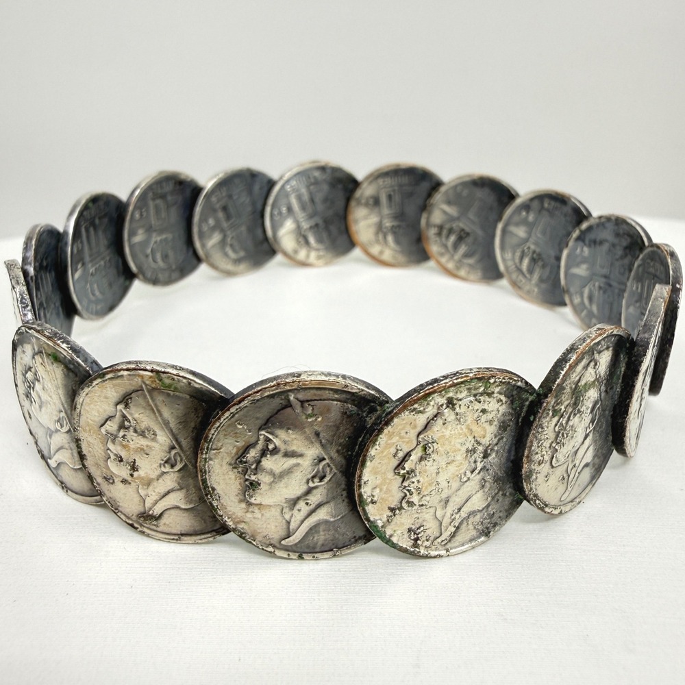 Vintage Belgian Coin Bracelet Leopold III 20 Centimes Numismatic Bangle‎ Silver